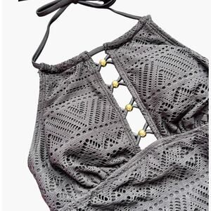 Salt + Cove Crochet Halter Tankini Swim Top Black Gold Size Medium NWT